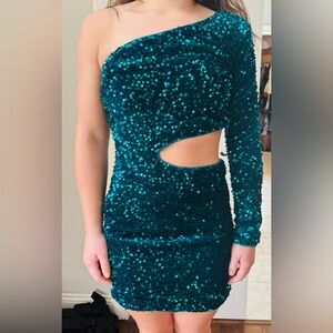 One-Shoulder Teal Sequin Dress
